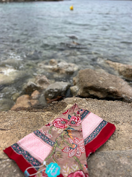 Sarong   , Pareo  , cotton shawl and beach Deluxe Block print collection, beige red flower print -  AUROBELLE  IBIZA