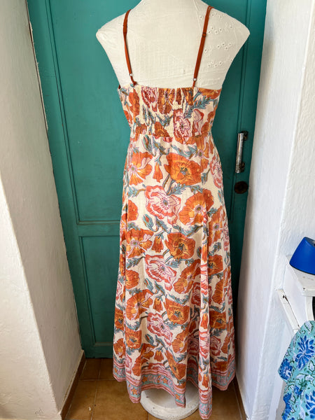 Strap  dress  Halter neck in print orange flower -  AUROBELLE  IBIZA