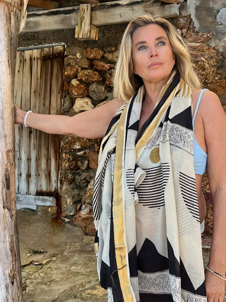 Big size Sarong ,Hand Block Printed Extra Large Sarong | Organic Cotton Muslin | Natural Bagru Print with Golden Sari -yellow -  AUROBELLE  IBIZA