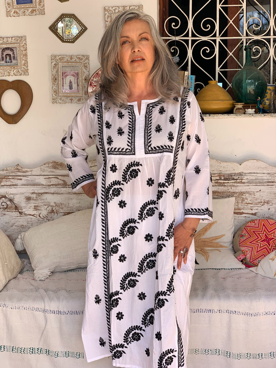Anarkali new white and black cotton dress with hand embroidery – AUROBELLE  IBIZA