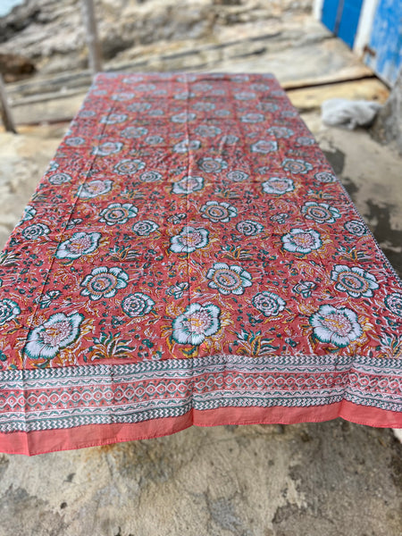 Sarong   , Pareo  , cotton shawl and beach Deluxe Block print collection, abricot flower -  AUROBELLE  IBIZA