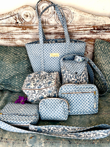 Brigitte Tote bag Large Quilted Cotton Tote Bag | Blue Block Print Shoulder Bag | Boho Beach Bag | Handmade Travel Bag