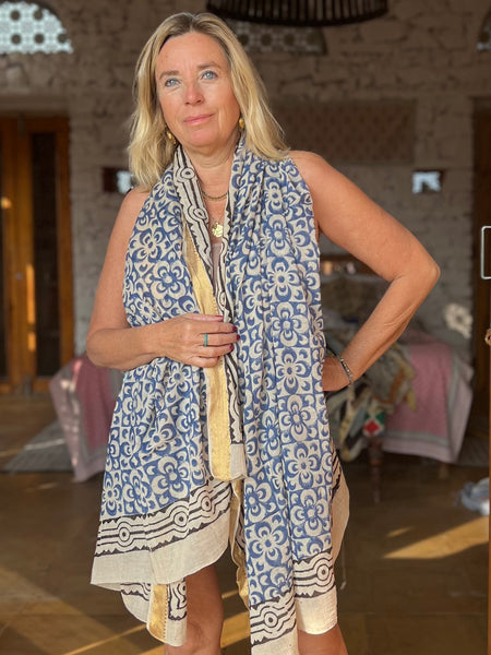 Sarong  Pareo  collection big size with golden zari border No 6A Blue Flower -  AUROBELLE  IBIZA