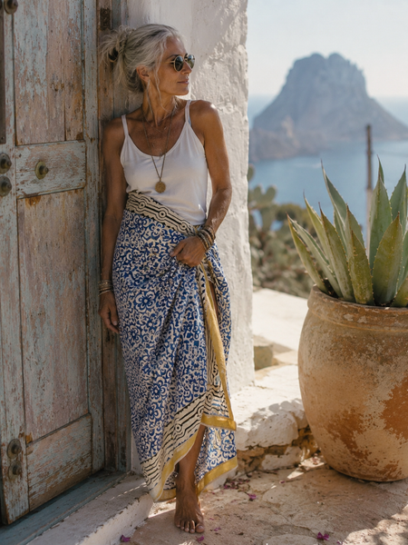 Aurobelle Ibiza indigo blue flower sarong, hand block-printed with golden sari border