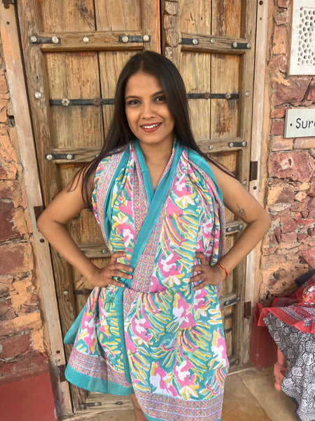 Sarong   , Pareo  , cotton shawl and beach Deluxe Block print collection,emerald  beach 🌸 -  AUROBELLE  IBIZA