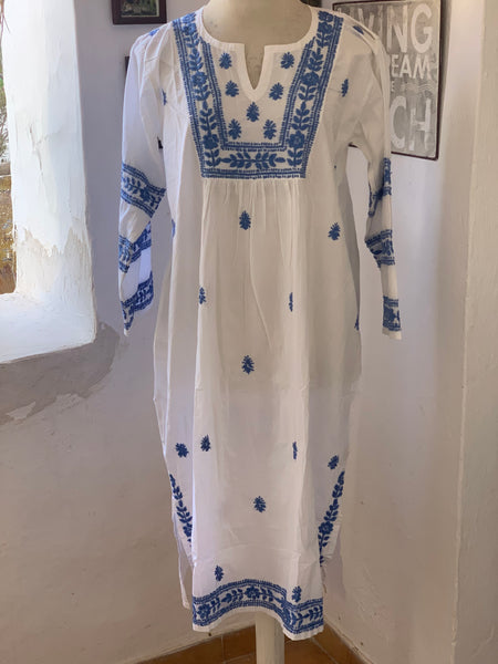 Mumbai  dress white with hand embroidery in sky blue