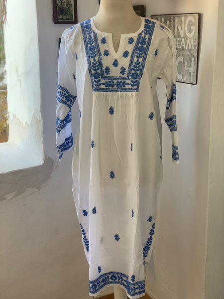 Mumbai  dress white with hand embroidery in sky blue