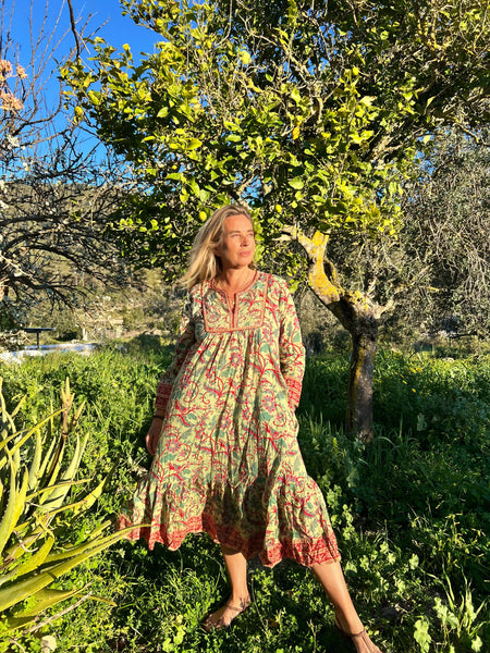 Vintage dress  green flower Boho -  AUROBELLE  IBIZA