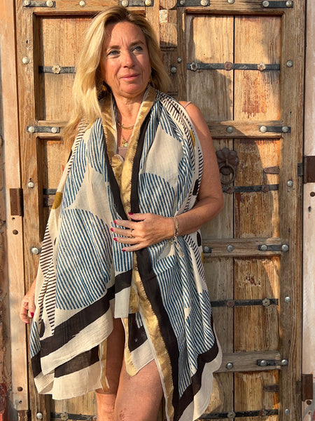 Sarong  Pareo  collection big size with golden zari border No 4A Modern Art -  AUROBELLE  IBIZA