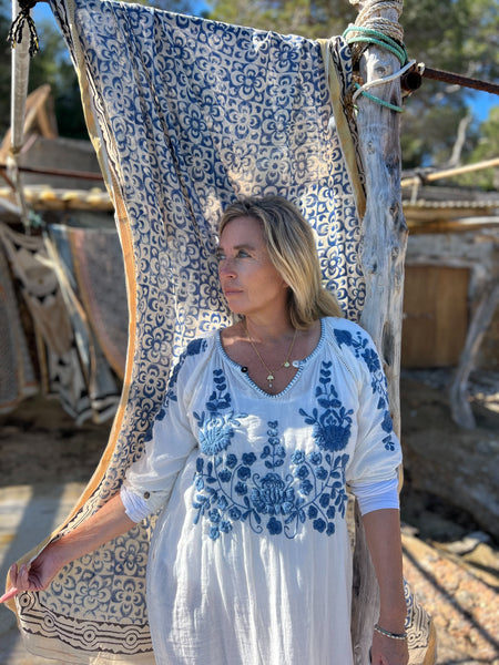 Salu dress with hand embroidery blue and white -  AUROBELLE  IBIZA