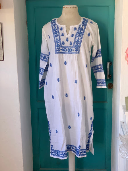 Mumbai  dress white with hand embroidery in sky blue