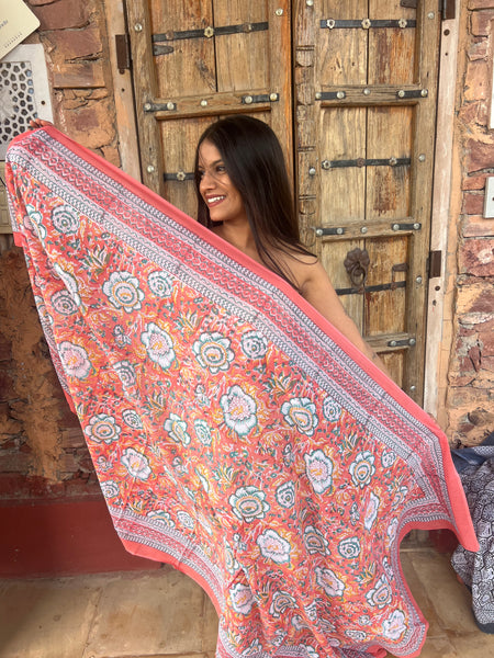 Sarong   , Pareo  , cotton shawl and beach Deluxe Block print collection, apricot calendula 🌹 -  AUROBELLE  IBIZA