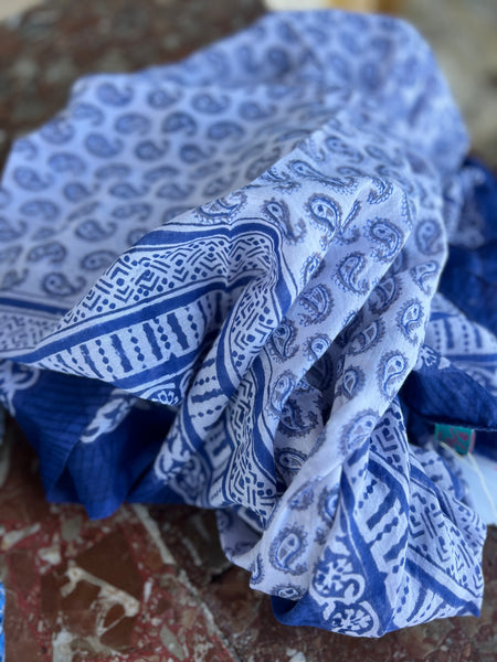 Sarong   , Pareo  , cotton shawl and beach Deluxe Block print collection,blue white paisley 🪷 -  AUROBELLE  IBIZA