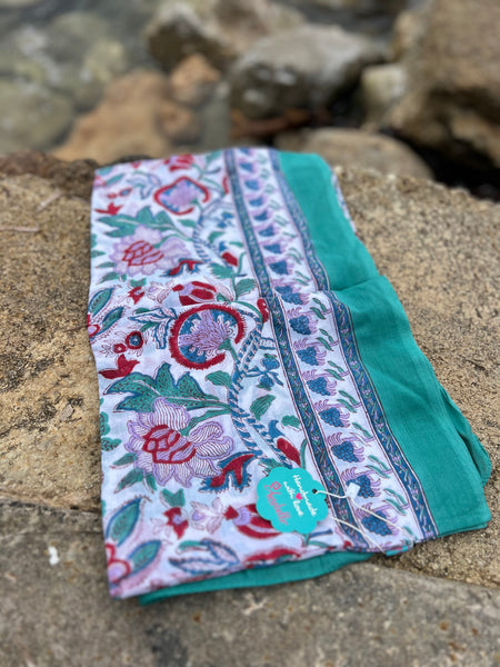 Sarong   , Pareo  , cotton shawl and beach Deluxe Block print collection emerald red flower print -  AUROBELLE  IBIZA