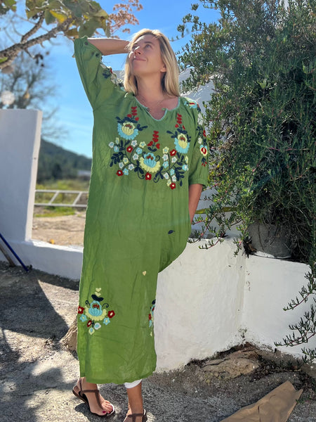 Salu dress with hand embroidery -green  with color embroidery