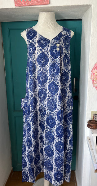 2 Button 2 Pocket Dress – Ibiza Blue Blockprint
