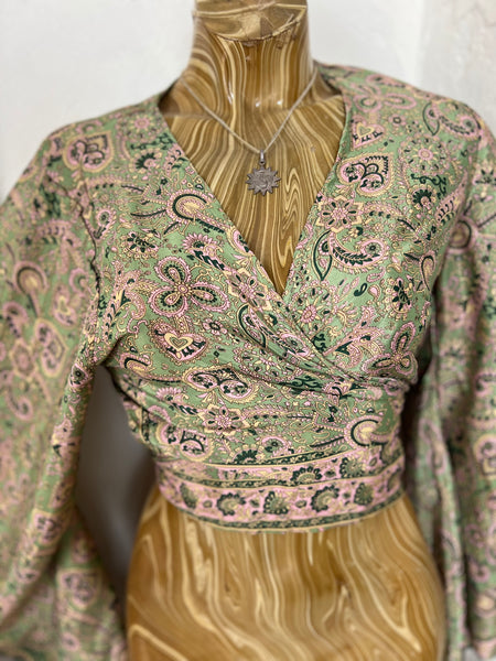 Bohemian  Wrap Top Print – Spiritual Festival Crop Blouse hippie wrap blouse Silky Green Paisley -  AUROBELLE  IBIZA