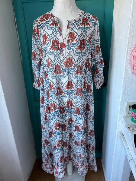 Natascha dress white blue orange flower block print