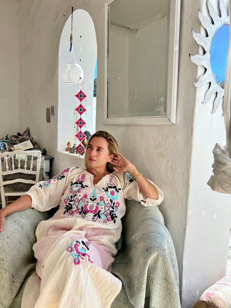 Salu dress with hand embroidery -white with color embroidery -  AUROBELLE  IBIZA