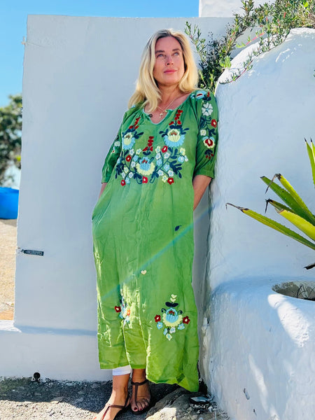 Salu dress with hand embroidery -green  with color embroidery