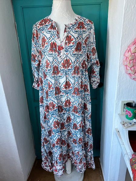 Natascha dress white blue orange flower block print