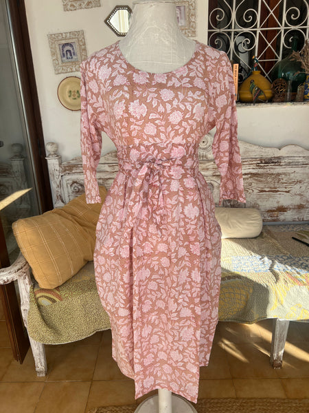 Linen dress light Brown flower