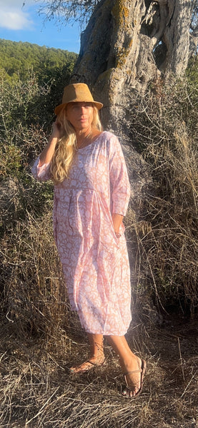 Linen dress light Brown flower