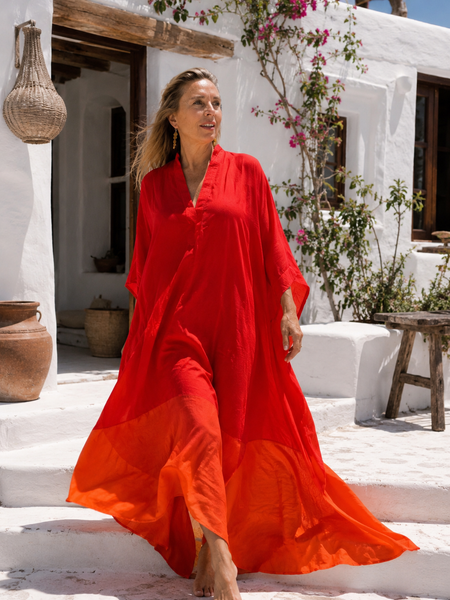 Special orange and red silk  exclusive free falling kaftan -  AUROBELLE  IBIZA
