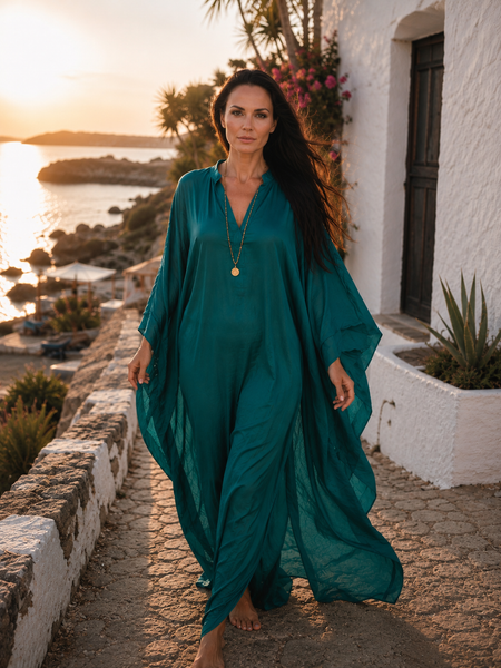 Exclusive luxury 100% organic Silk kaftan - free size in Emerald Green -  AUROBELLE  IBIZA