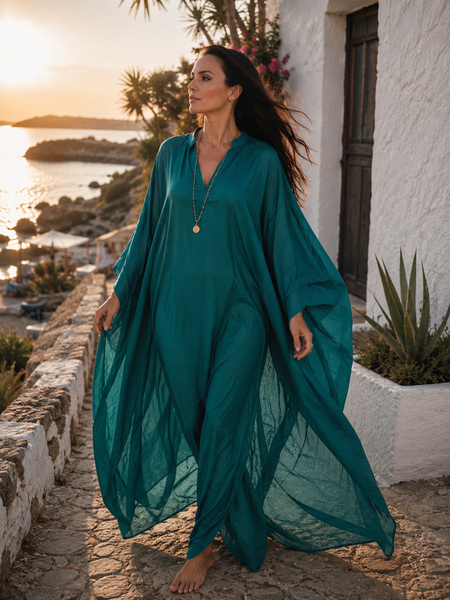 Exclusive luxury 100% organic Silk kaftan - free size in Emerald Green -  AUROBELLE  IBIZA