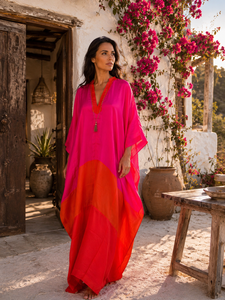 Exclusive luxury Silk kaftan Pink   Orange   & Red -  AUROBELLE  IBIZA