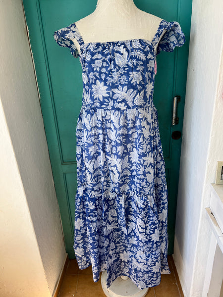 Byron blue block print new maxi boho dress -  AUROBELLE  IBIZA