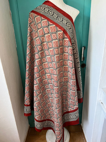 Sarong   , Pareo  , cotton shawl and beach Deluxe Block print collection, ethic red black geo -  AUROBELLE  IBIZA