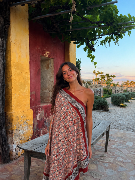 Sarong   , Pareo  , cotton shawl and beach Deluxe Block print collection, ethic red black geo -  AUROBELLE  IBIZA