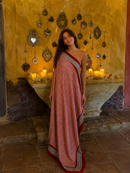 Sarong   , Pareo  , cotton shawl and beach Deluxe Block print collection, ethic red black geo -  AUROBELLE  IBIZA