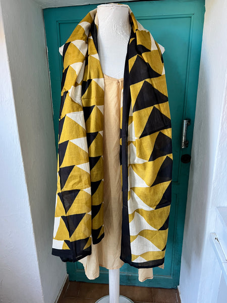 Sarong   , Pareo  , cotton shawl and beach Deluxe Block print collection, ethic yellow black geo -  AUROBELLE  IBIZA
