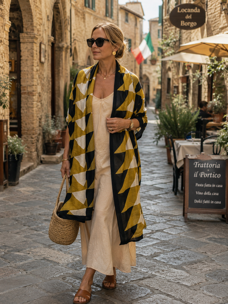 Sarong   , Pareo  , cotton shawl and beach Deluxe Block print collection, ethic yellow black geo -  AUROBELLE  IBIZA