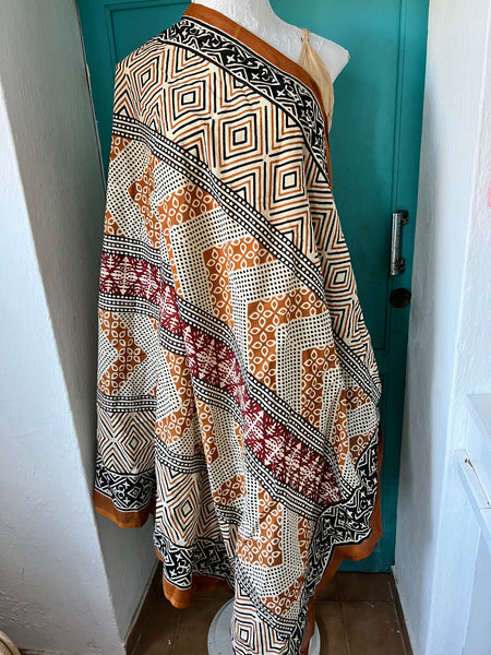 Sarong   , Pareo  , cotton shawl and beach Deluxe Block print collection, ethic brown black  saffron red geo -  AUROBELLE  IBIZA