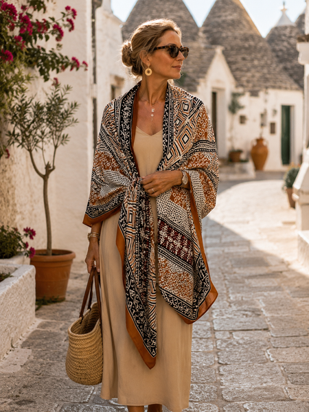 Sarong   , Pareo  , cotton shawl and beach Deluxe Block print collection, ethic brown black  saffron red geo -  AUROBELLE  IBIZA