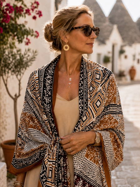 Sarong   , Pareo  , cotton shawl and beach Deluxe Block print collection, ethic brown black  saffron red geo -  AUROBELLE  IBIZA
