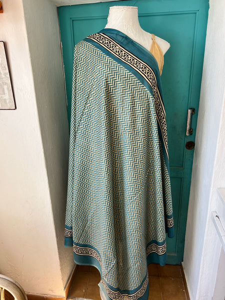 Sarong   , Pareo  , cotton shawl and beach Deluxe Block print collection, ethic geo ocean blue zick Zack -  AUROBELLE  IBIZA