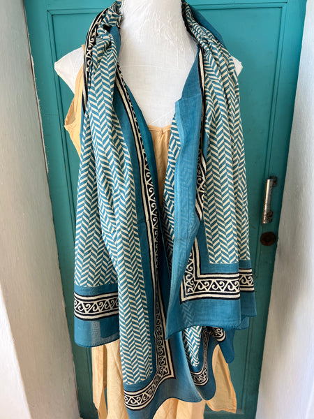 Sarong   , Pareo  , cotton shawl and beach Deluxe Block print collection, ethic geo ocean blue zick Zack -  AUROBELLE  IBIZA