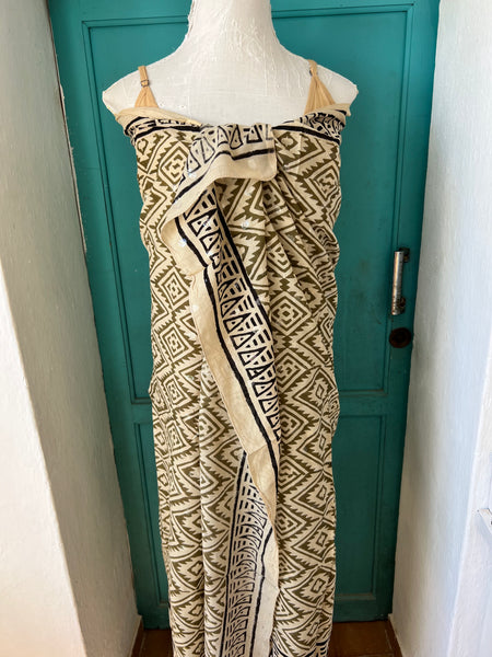 Sarong   , Pareo  , cotton shawl and beach Deluxe Block print collection, ethic geo olive green with black and silver -  AUROBELLE  IBIZA