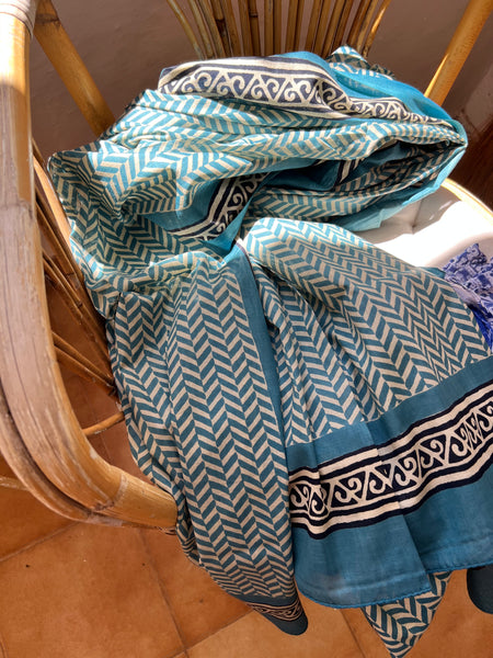 Sarong   , Pareo  , cotton shawl and beach Deluxe Block print collection, ethic geo ocean blue zick Zack -  AUROBELLE  IBIZA