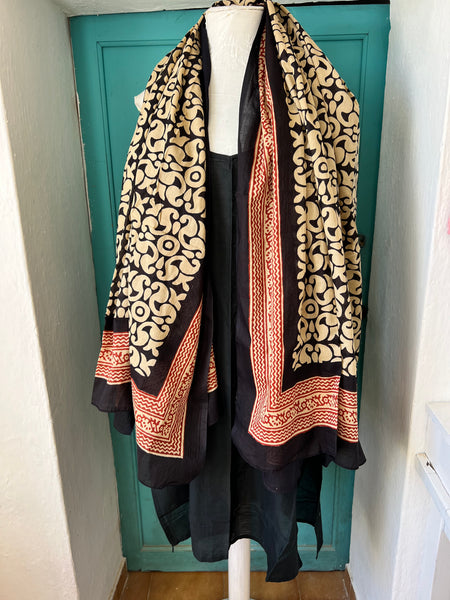 Sarong   , Pareo  , cotton shawl and beach Deluxe Block print collection, ethic geo black red -  AUROBELLE  IBIZA