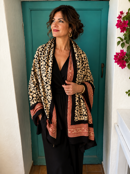 Sarong   , Pareo  , cotton shawl and beach Deluxe Block print collection, ethic geo black red -  AUROBELLE  IBIZA