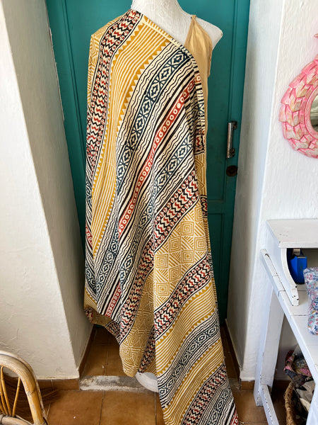 Sarong   , Pareo  , cotton shawl and beach Deluxe Block print collection, ethic geo black red yekluw bug size  frindges -  AUROBELLE  IBIZA