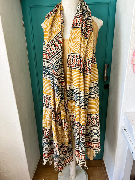 Sarong   , Pareo  , cotton shawl and beach Deluxe Block print collection, ethic geo black red yekluw bug size  frindges -  AUROBELLE  IBIZA