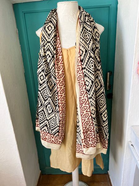 Sarong   , Pareo  , cotton shawl and beach Deluxe Block print collection, ethic geo  with black  Red and silver -  AUROBELLE  IBIZA