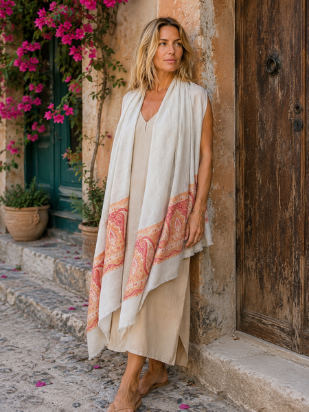 Cosy cashmere wool shawl with exclusive hand embroidery pink and orange -  AUROBELLE  IBIZA